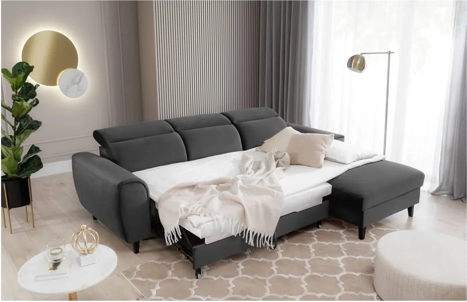 Divano angolare grigio scuro allungabile/con contenitore (con penisola a destra/con chaise lounge) e rivestimento in velluto Foble – ELTAP