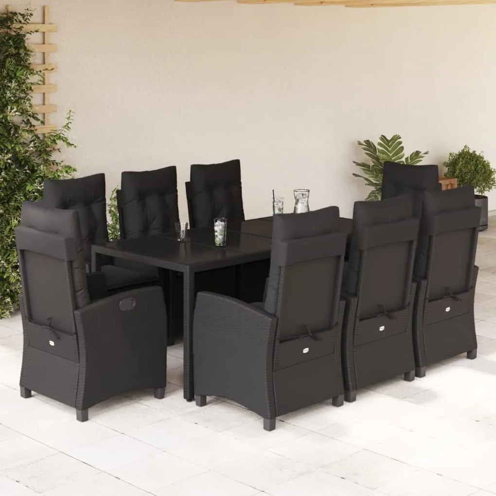 Set da pranzo da giardino 9 pz con cuscini nero in polyrattan