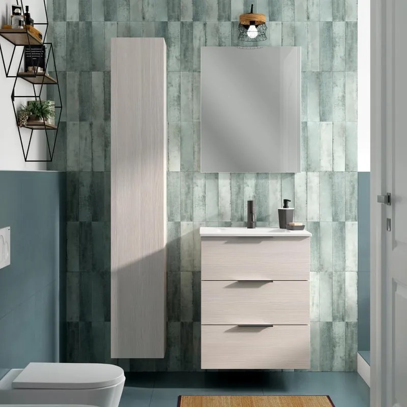 Mobile bagno sospeso con lavabo L 60 x H 72 x P 45 cm larice bianco 3 cassetti per vasca centrale Jnka