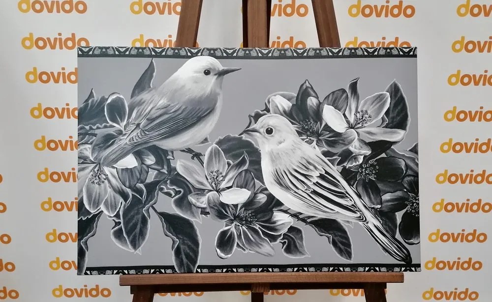 Stampa su tela – Uccellini e fiori in bianco e nero in versione vintage