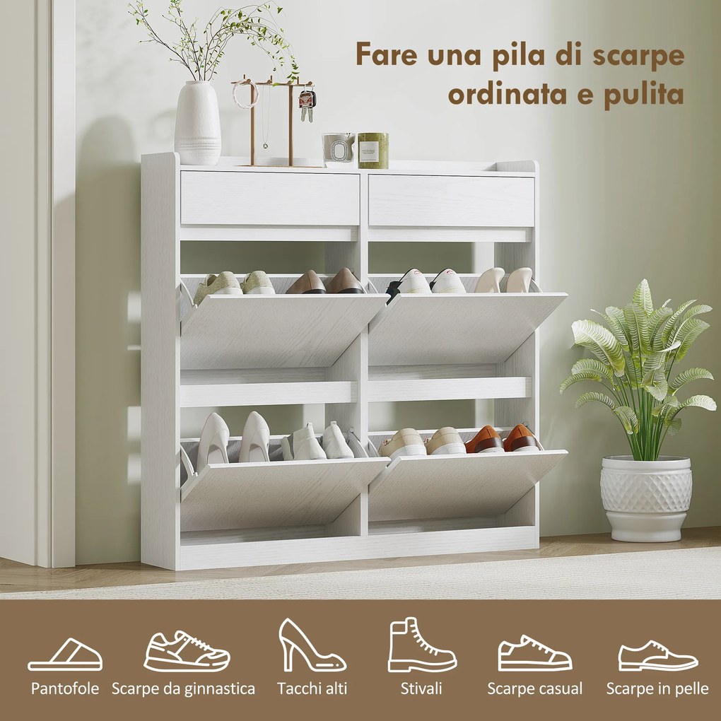 Scarpiera Slim 98x19,2x95,3 cm con 4 Ante a Ribalta e 2 Cassetti in Legno Bianco...
