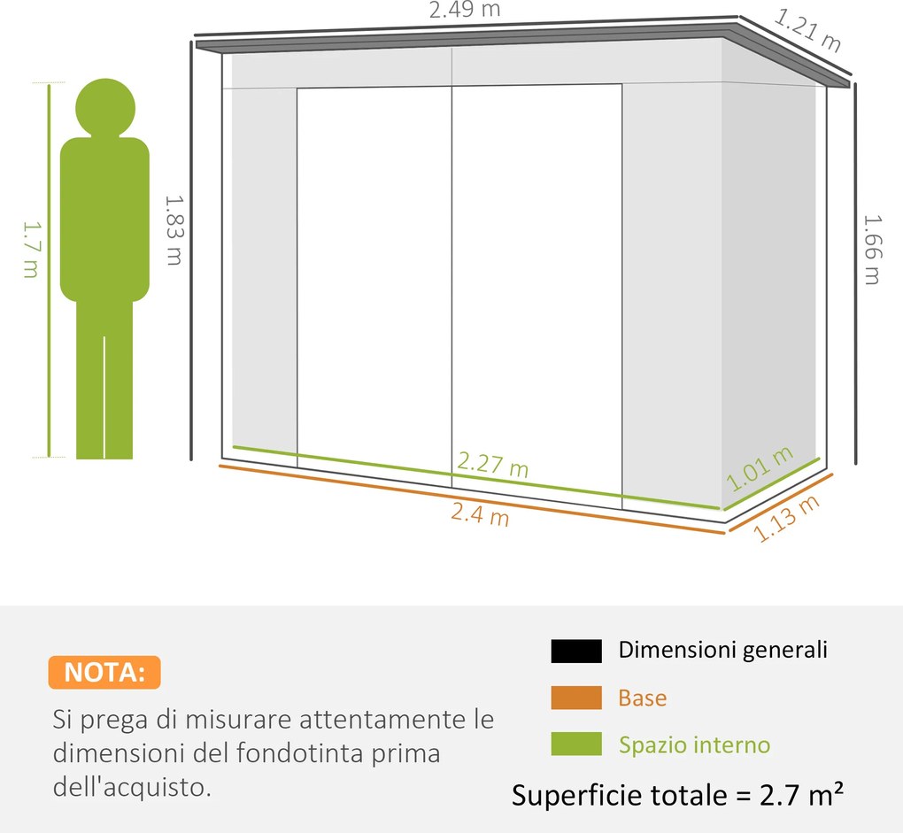 Capanno Porta Attrezzi 249x121x183 cm con 2 Prese d'Aria e Chiavistello in Acciaio Verde...