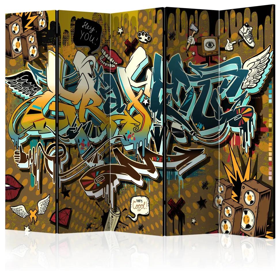Paravento separè Freddo! II (5 pezzi) - astratto con graffiti colorati e scritte
