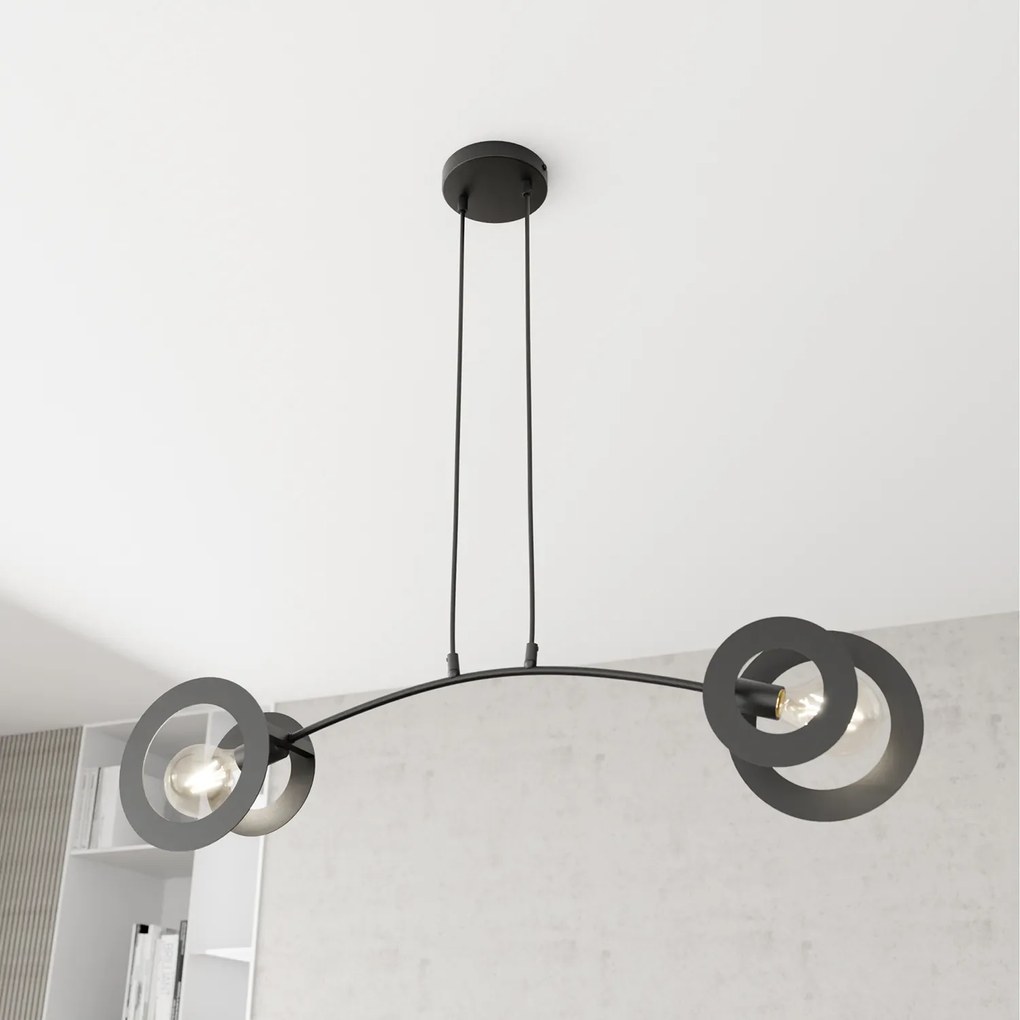 Lampadario 2 Luci Crono In Acciaio Nero A Bracci E Diffusori A Doppio Cerchio