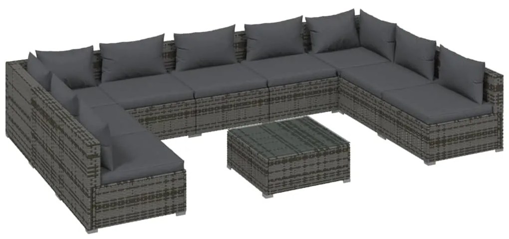 Set Divani da Giardino 10 pz con Cuscini in Polyrattan Grigio