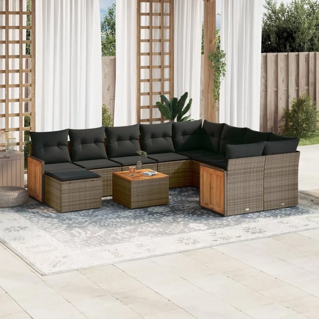 Set Divani da Giardino 11 pz con Cuscini in Polyrattan Grigio