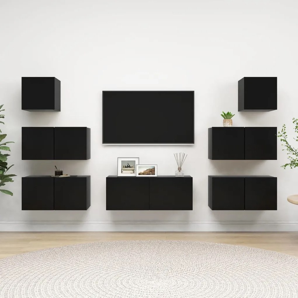 Set Di Mobili Porta Tv 7 Pz Nero İn Legno Multistrato /