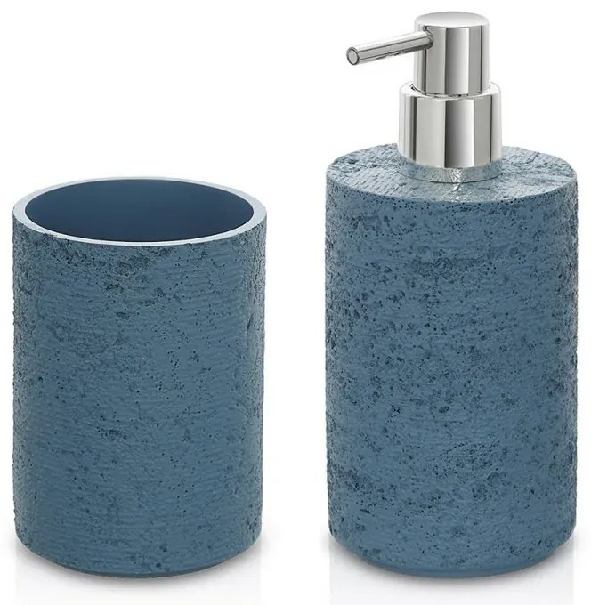 Set accessori bagno dispenser e portaspazzolini turchese cobalto resina effetto pietra Matera