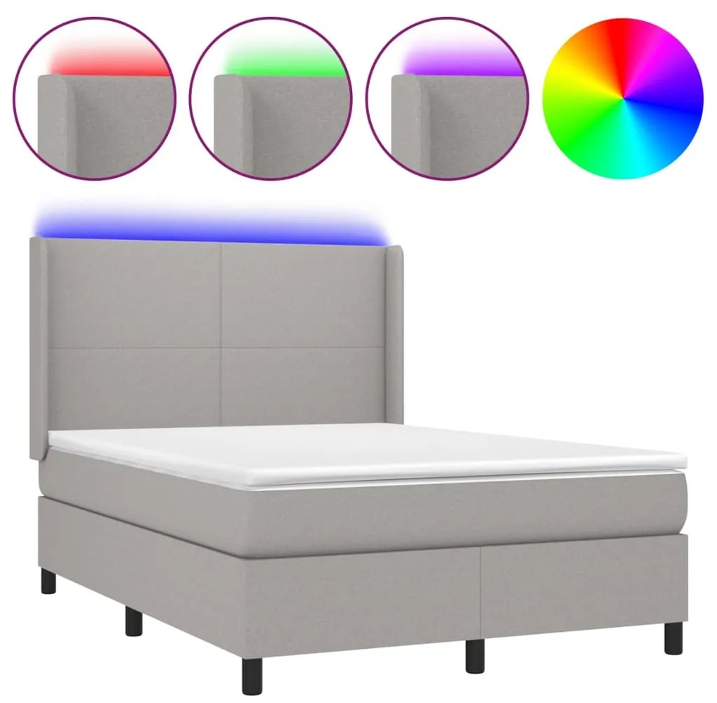 Letto a molle materasso e led grigio chiaro 140x190 cm tessuto