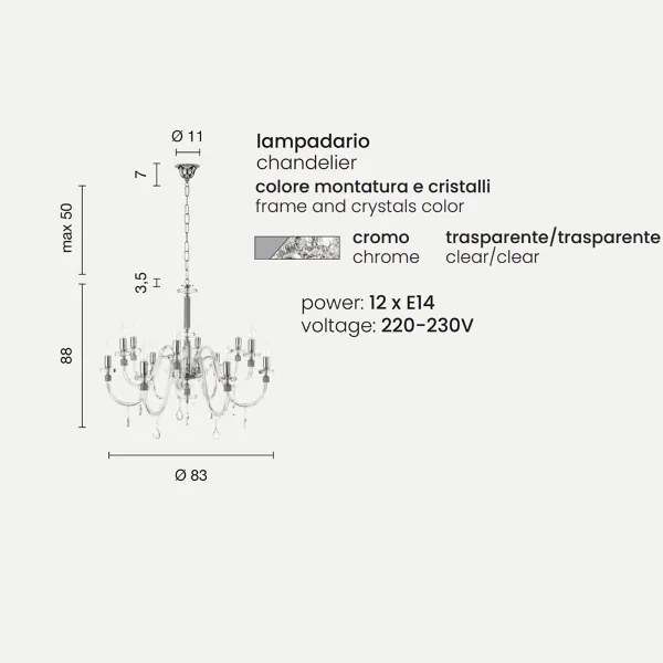 Lampada a sospensione DIDO D83 cm in vetro trasparente lavorato a mano 12 LUCI CROMO