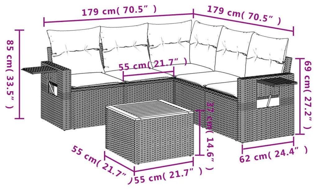 Set divano da giardino 6 pz con cuscini nero in polyrattan