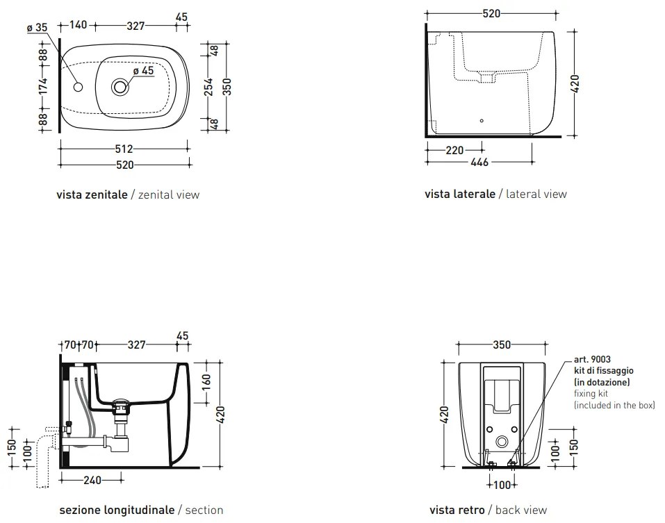 Ceramica Flaminia Monò Bidet filo muro monoforo a pavimento con troppopieno e kit fissaggio in ceramica bianco