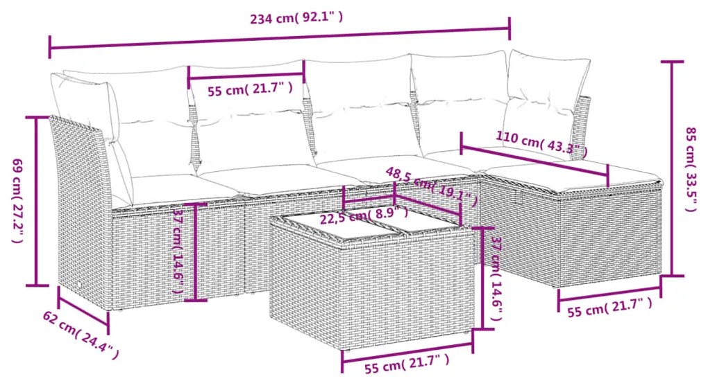 Set divano da giardino 6pz con cuscini grigio chiaro polyrattan