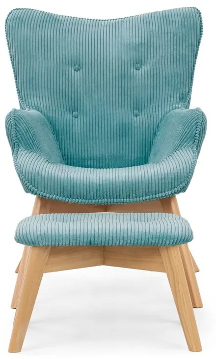 Poltrona con poggiapiedi turchese con rivestimento in velluto a coste Niko – Ropez