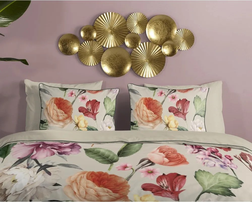 Set copripiumino e federa beige in raso di cotone per letto matrimoniale ed esteso 200x220 cm Fiori – Descanso