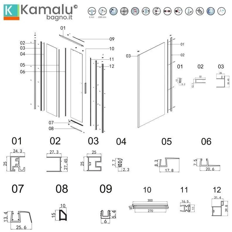 Kamalu - box doccia 70x120 colore nero vetro 6mm altezza 200h | kla-4000n