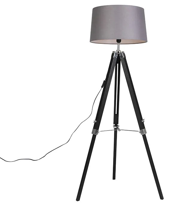 Lampada da terra treppiede nera con paralume 45 cm lino grigio scuro