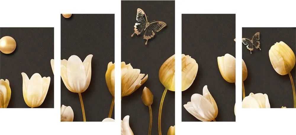 Quadri 5 pezzi – Tulipani con motivo dorato