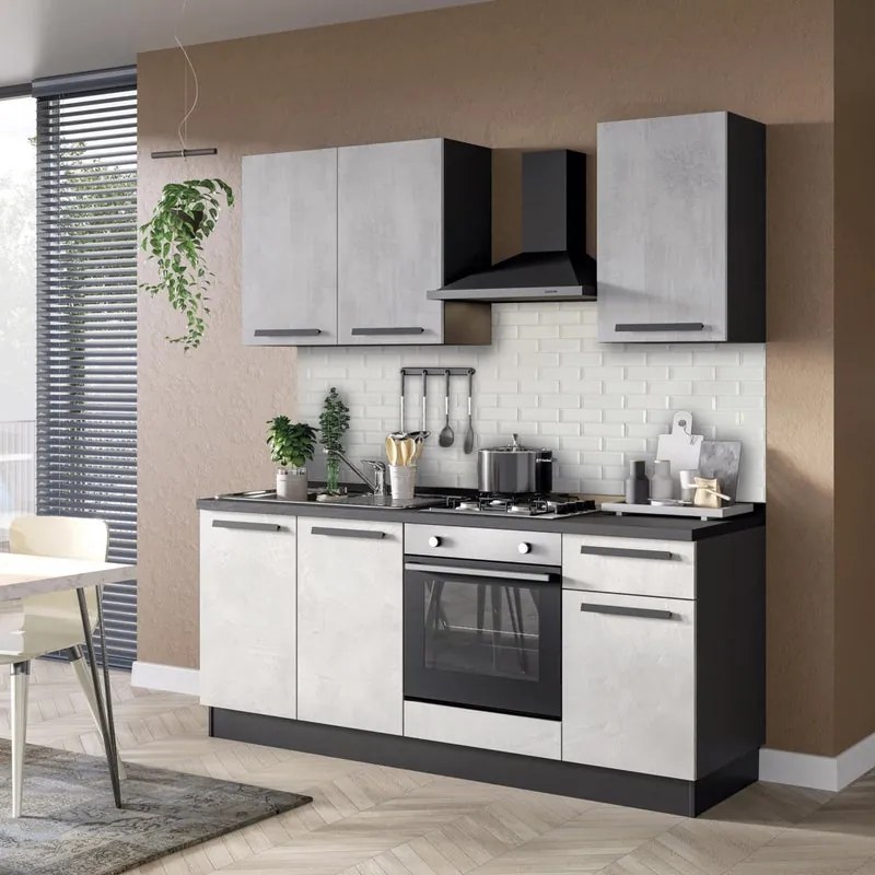 Cucina montata Dora bianco e grigio chiaro, lavello a destra, L 195 cm, completa di: cappa a camino, piano cottura a gas e forno