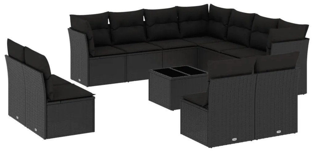 Set divani da giardino 12 pz con cuscini nero in polyrattan