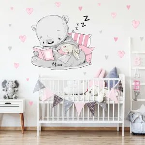 Adesivo murale - Orso addormentato con coniglietto e cuori | Inspio