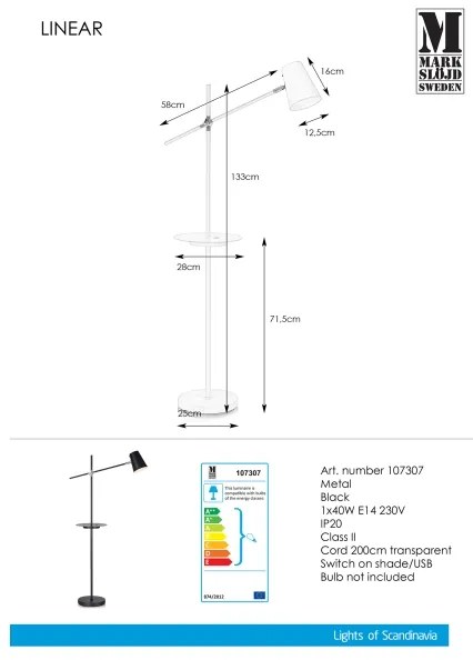 Markslöjd 107307 - Lampada da terra con USB LINEAR 1xE14/40W/230V