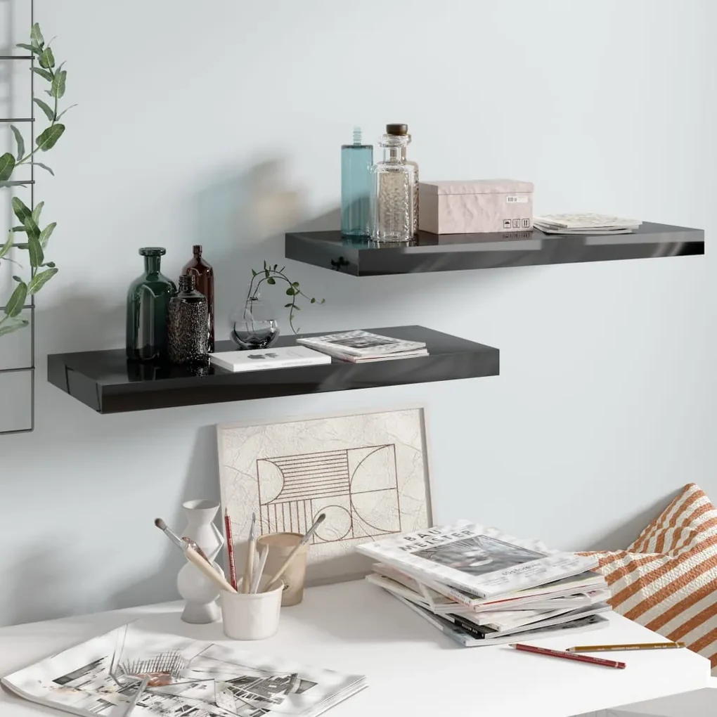 Scaffali a parete 2 pz nero lucido 60x23,5x3,8 cm in mdf