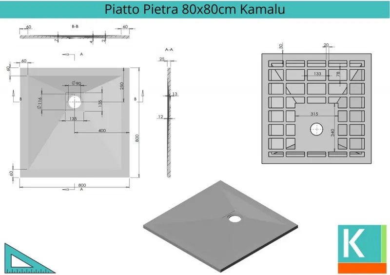 Kamalu - Piatto doccia 80x80 effetto pietra colore ardesia antracite