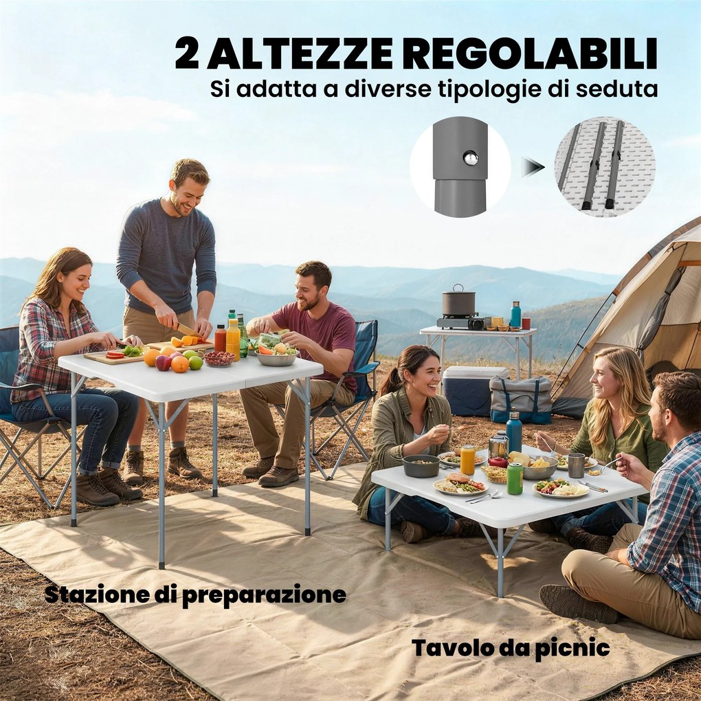 Tavolo da Campeggio Quadrato Pieghevole in Metallo e HDPE, 86x86x74 cm, Bianco...