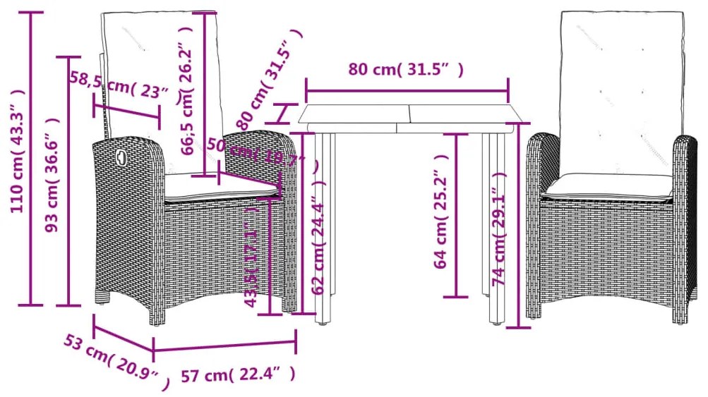 Set da Pranzo da Giardino 3 pz con Cuscini in Polyrattan Grigio