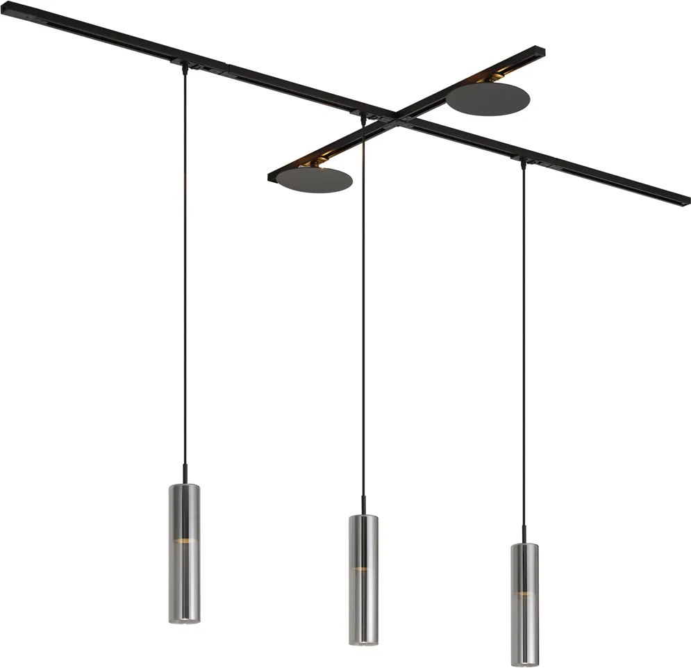 Sistema di illuminazione a binario moderno nero con 3 luci a sospensione e 2 plafoniere monofase - Iconic Lloyd Pulley