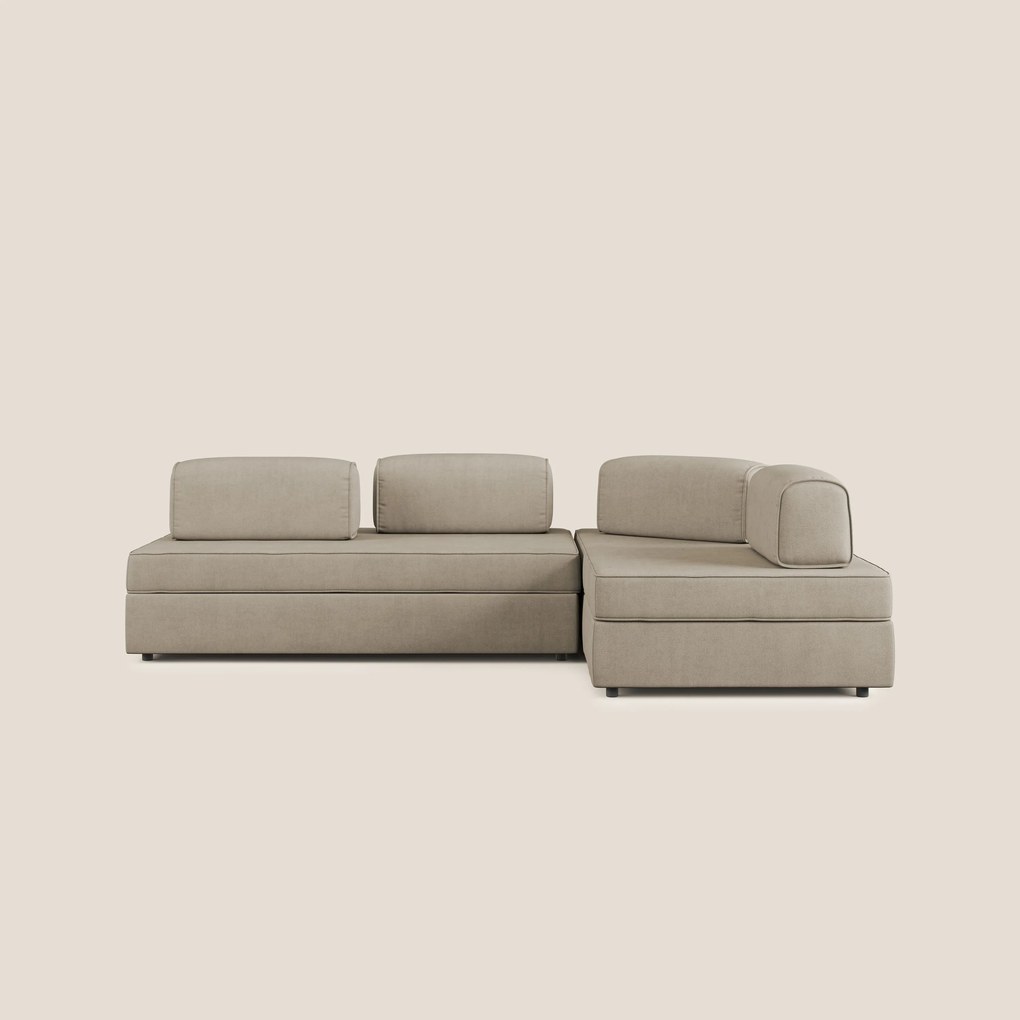 Liberty divano angolare con pouf estraibile e schienali movibili in tessuto morbido impermeabile T02 beige