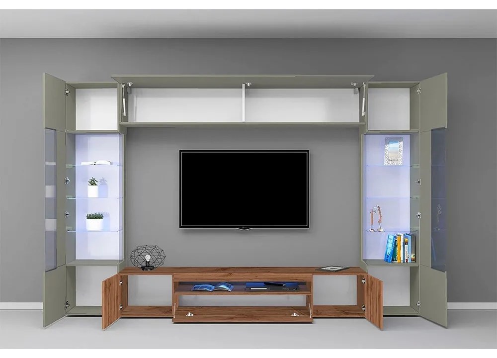 Parete Attrezzata Egypt – Tortora/Rovere Wotan, 290x40x190 cm, Made in Italy