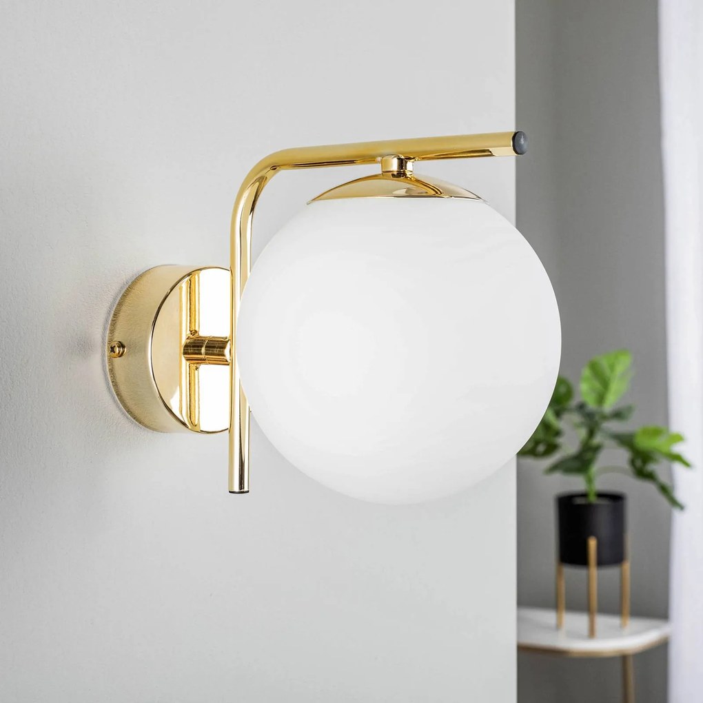 Domiluce Applique Aurora, color oro, vetro, altezza 17 cm, sfera, E14