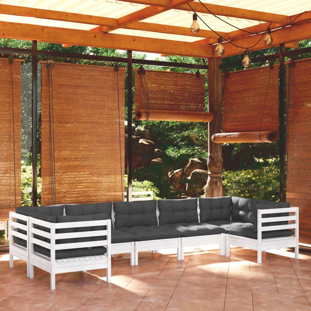 Set divani da giardino 7 pz con cuscini bianchi legno di pino