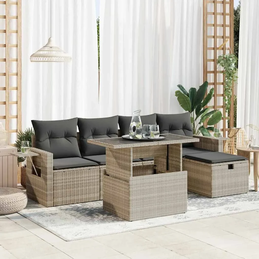 Set divano da giardino 6pz con cuscini grigio chiaro polyrattan