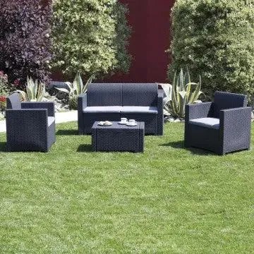 Salotto Nebraska con cuscini - struttura in wicker bianco, marrone, nero o tortora, Nero