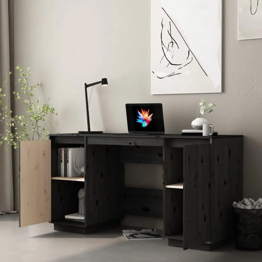 Scrivania nera 140x50x75 cm in legno massello di pino