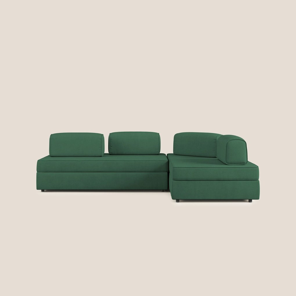Liberty divano angolare con pouf estraibile e schienali movibili in tessuto morbido impermeabile T02 verde