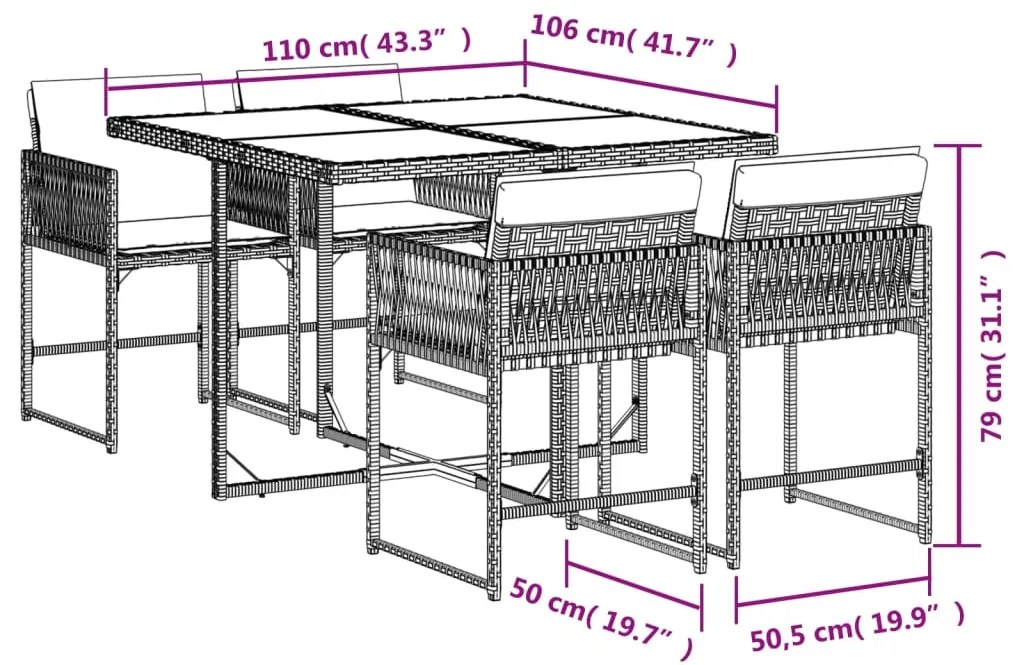 Set da pranzo da giardino 5 pz con cuscini in polyrattan grigio