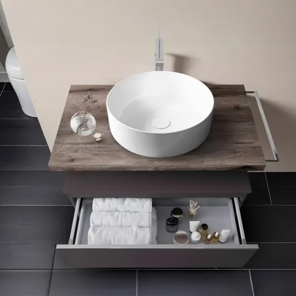 Mobile Bagno Sospeso 80 Cm Con Cassettone Antracite Mensola Rovere Lavabo E Specchio Aurora