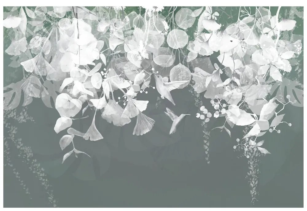 Carta da parati – Foglie Verde-Grigio con Colibrì