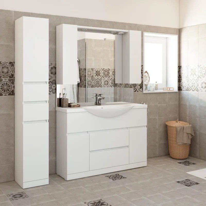 Mobile bagno da terra con lavabo L 120 x H 190 x P 33.5 cm bianco lucido, 2 ante 1 cassetto per vasca centrale Elise