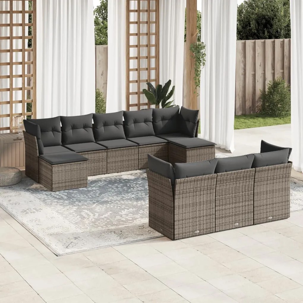 Set divano da giardino 10 pz con cuscini grigio in polyrattan