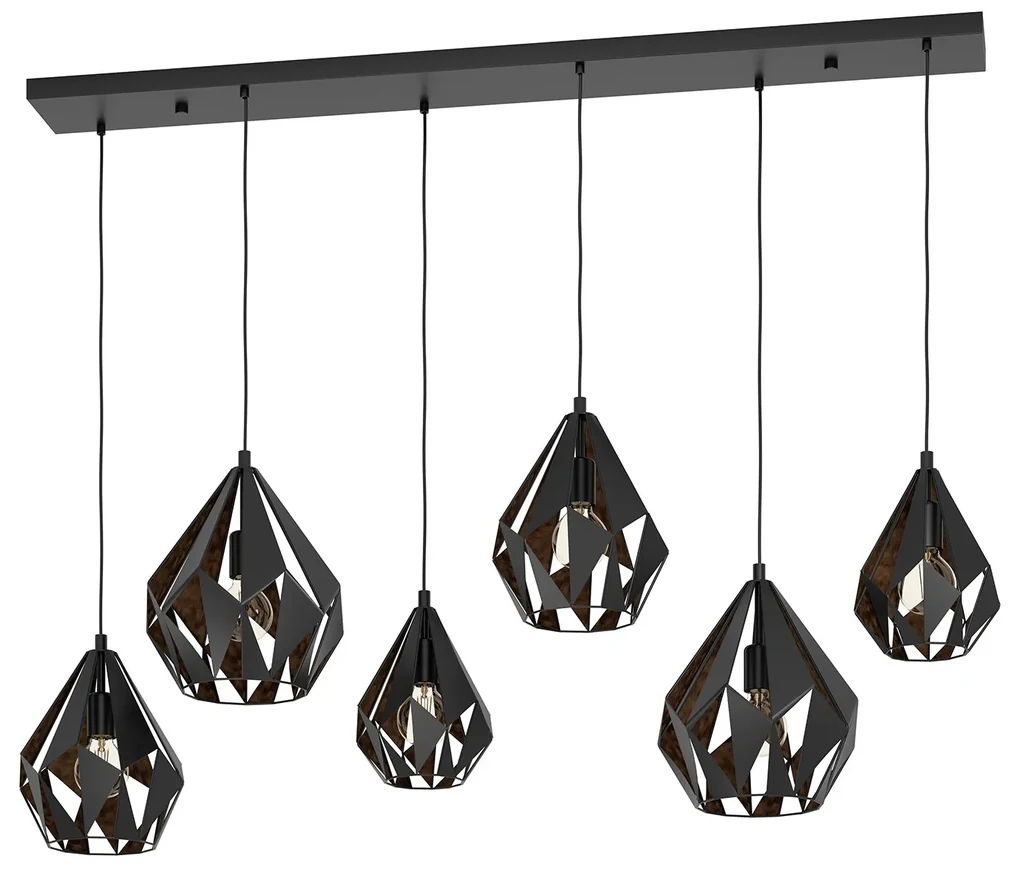 Lampadario A Sospensione Vintage Carlton 1 Acciaio Nero Rame 6 Luci E27