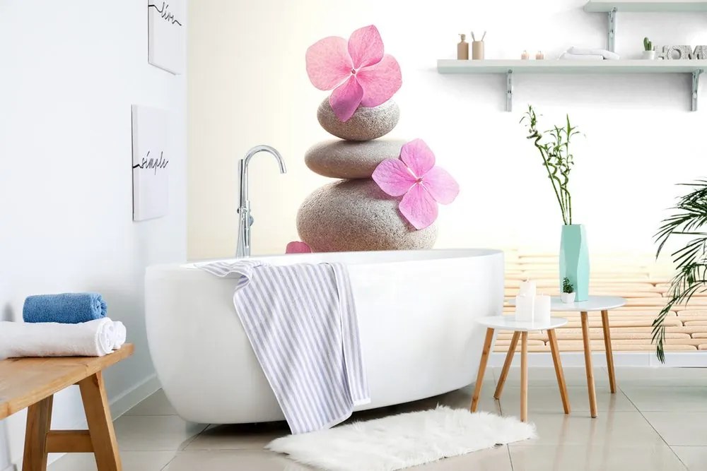 Carta da parati autoadesiva – Equilibrio di pietre e fiori rosa