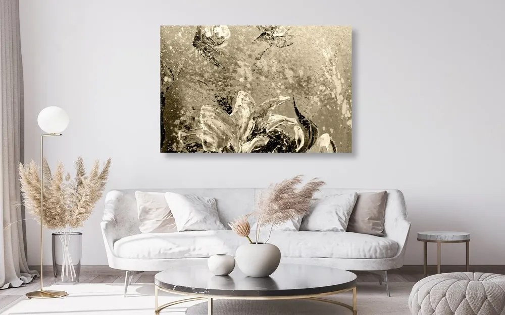 Quadro su tela – Peonie dipinte moderne in versione seppia