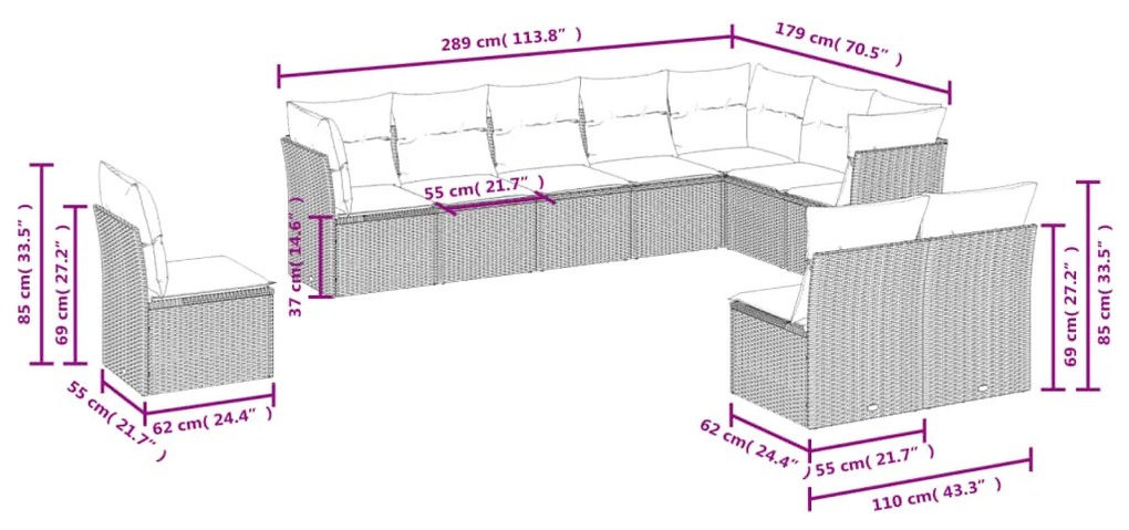 Set Divano da Giardino 10 pz con Cuscini Grigio in Polyrattan