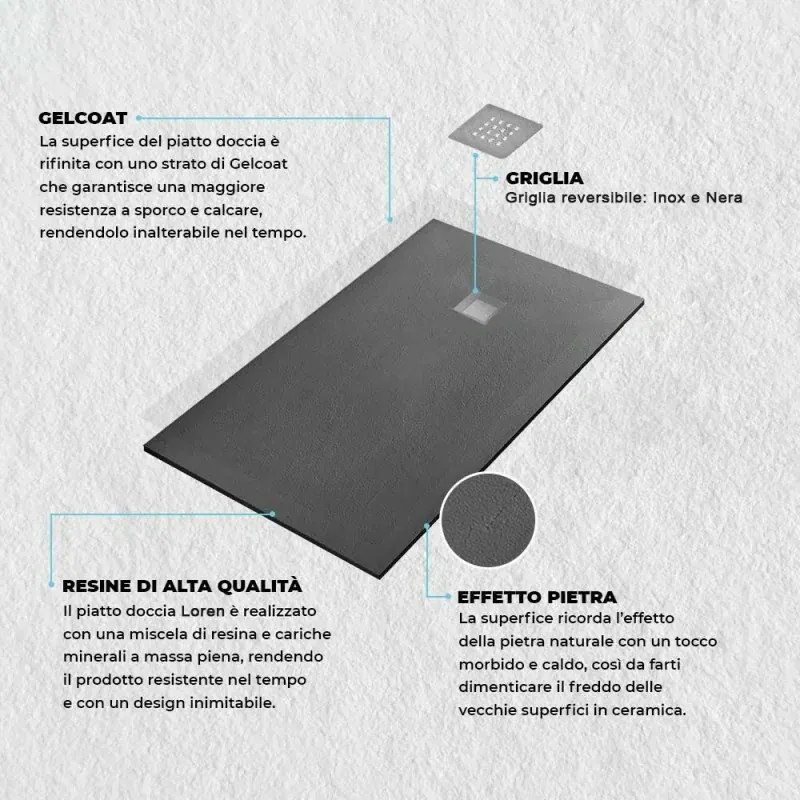 Piatto doccia resina 70x170 antracite pietra filo pavimento slim Loren