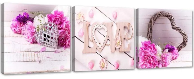Quadri Quadro Multipannello Fiore rosa iscrizione LOVE  Dimensioni 150x50